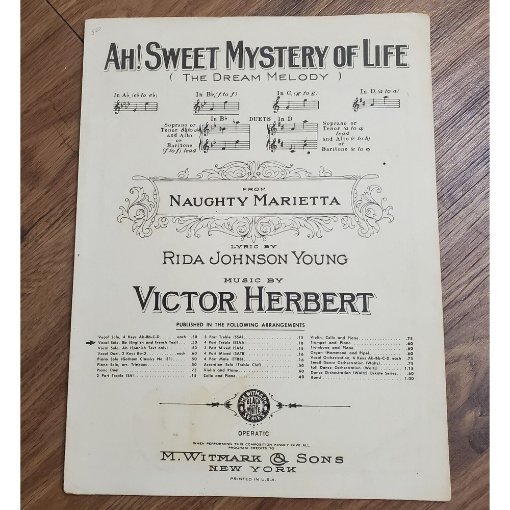 Ah! Sweet Mystery of Life (The Dream Melody) Sheet Music 1910 M. Witmark & Sonsโ